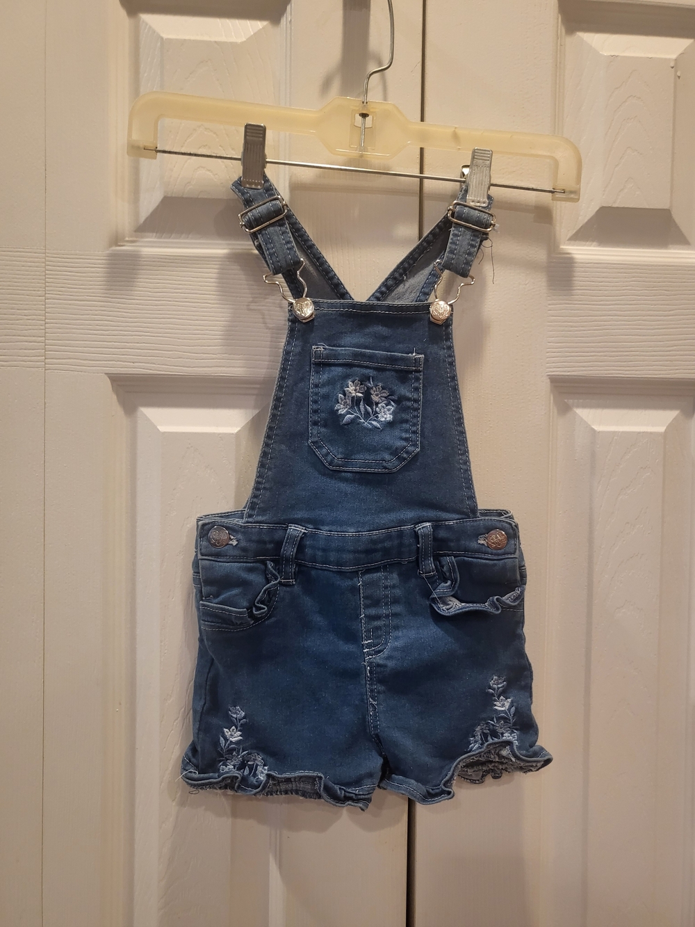 Girls Denim Floral Embroidered Shortalls Ruffle Hem Overalls - Size 4T
